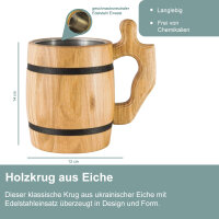 Holz Bierkrug Eiche und Süßkirsche mit Edelstahl Einsatz 0,5 l